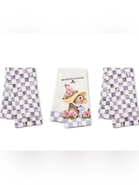 MacKenzie-Childs Violet Rabbit Tea Towels Three Piece Brand New